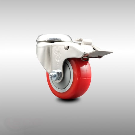 3.5 Inch 316SS Red Polyurethane Swivel Bolt Hole Caster With Total Lock Brake